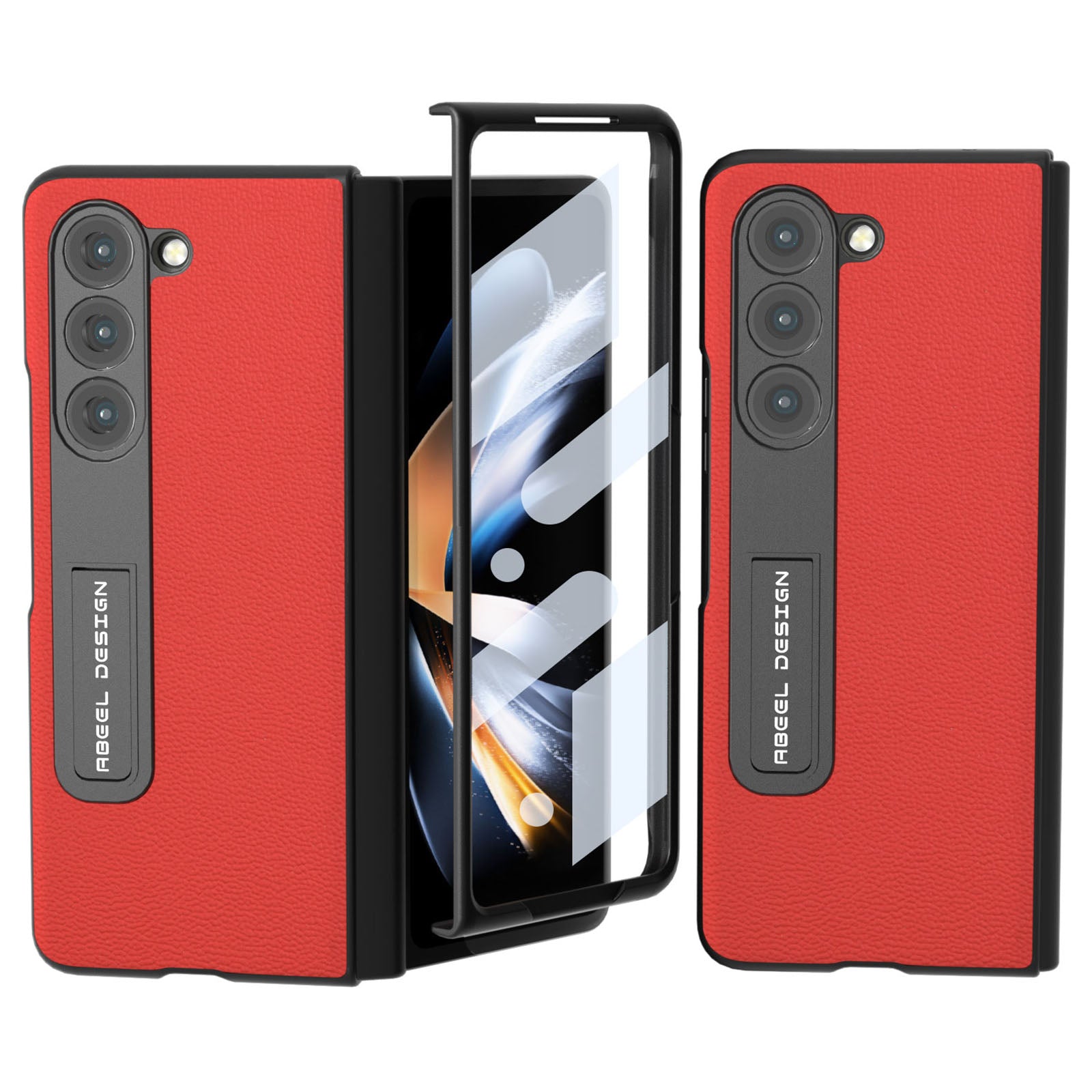 ABEEL For Samsung Galaxy Z Fold5 5G Genuine Cow Leather PC Back Cover Litchi Texture Kickstand Phone Case with Front Screen Film ABEEL For Samsung Galaxy Z Fold5 5G Genuine Cow Leather PC Back Cover Litchi Texture Kickstand Phone Case with Front Screen Film